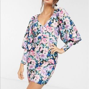 ASOS design puff sleeve button mini dress in black based floral print US 8